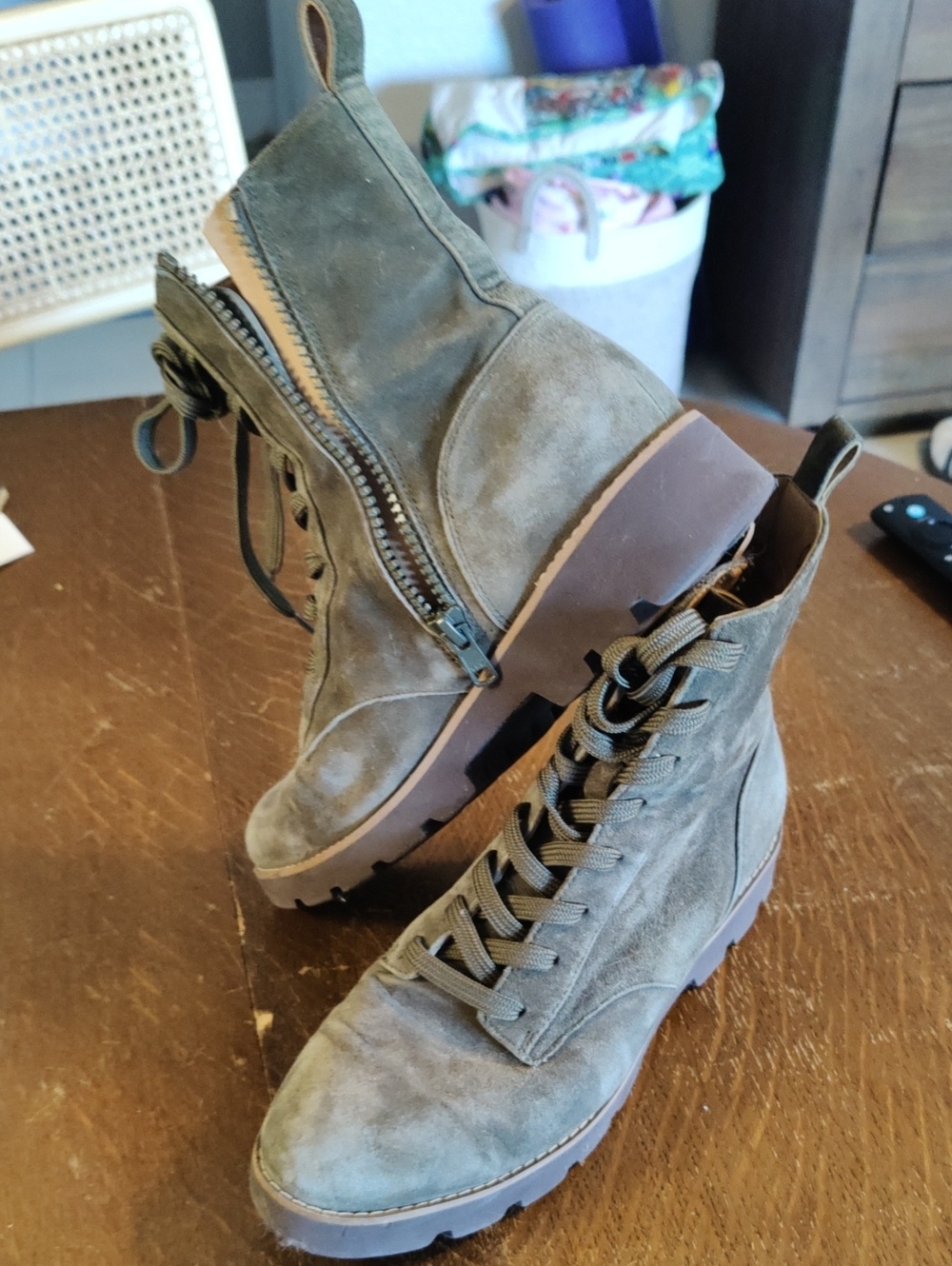 Vionic Olive Suede Lace-Up Combat Boots with Side Zip, Gently Worn